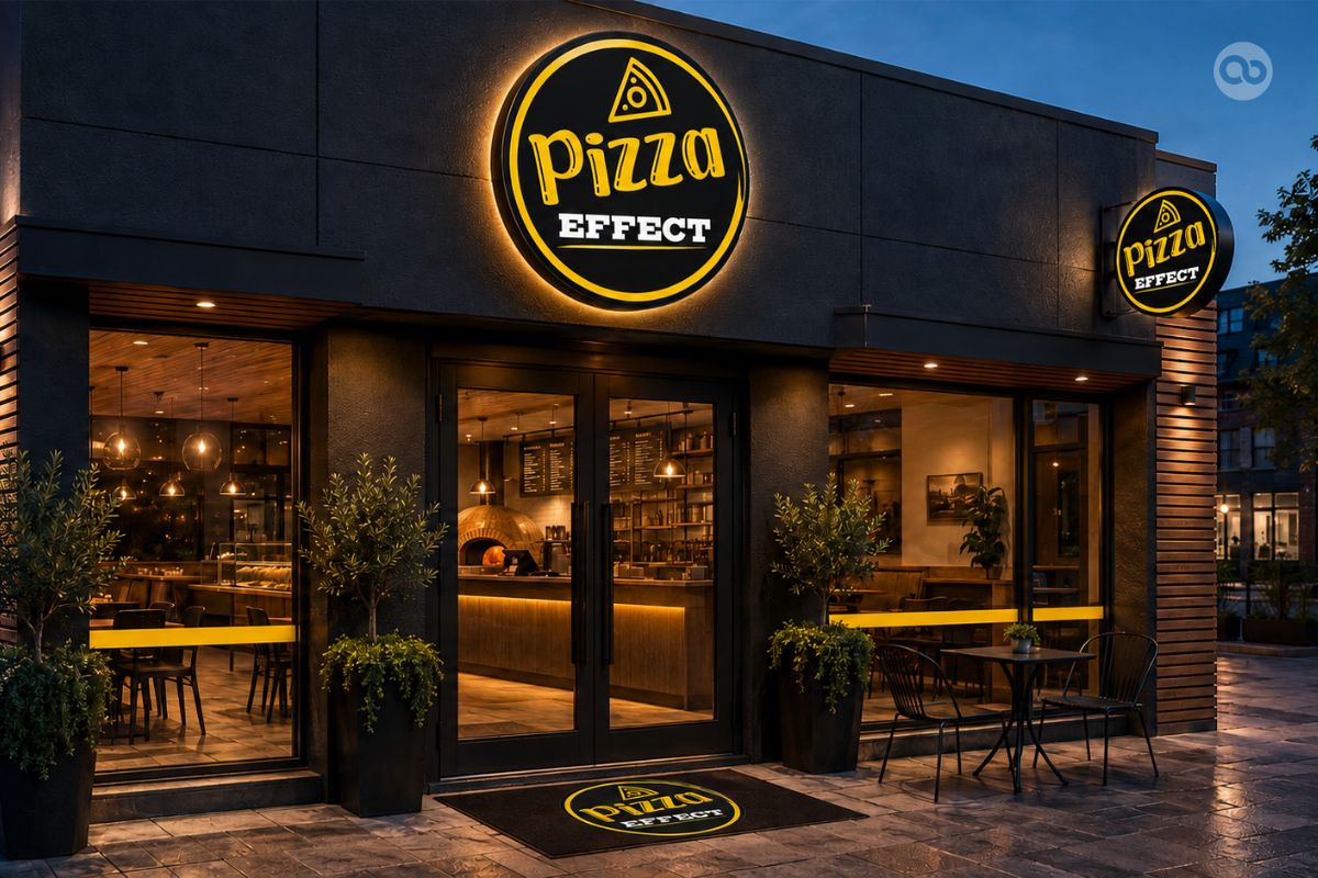 restaurant signage design, pizza shop signage, restaurant exterior design, illuminated logo signage, storefront branding, food outlet branding, modern pizza restaurant signage and exterior branding