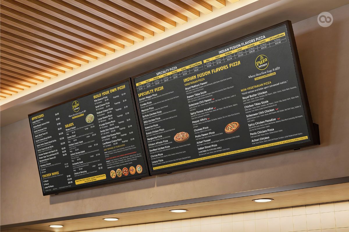 pizza restaurant digital TV menu board design, digital menu board, restaurant TV menu, pizza menu screen, digital restaurant menu, fast food menu board, restaurant display design