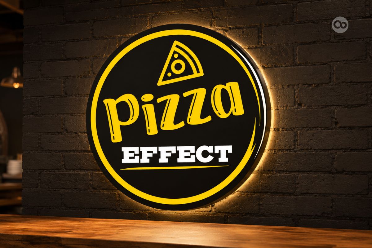 pizza restaurant illuminated logo signage design, pizza restaurant signage design, illuminated restaurant logo, pizza shop logo signage, restaurant wall signage, restaurant logo display, food outlet signage design, custom restaurant signage, restaurant interior signage, pizza branding design, restaurant brand identity signage