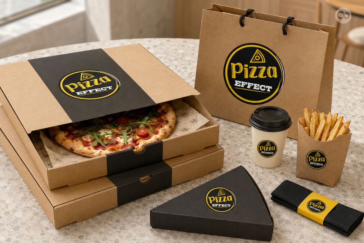 pizza restaurant packaging and takeaway branding design, pizza packaging design, restaurant packaging branding, takeaway packaging, food packaging design, pizza box branding, restaurant brand identity