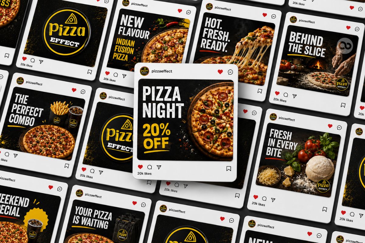 pizza restaurant social media post design and branding, restaurant social media design, pizza social media posts, food marketing design, restaurant Instagram design, pizza advertising creative, food brand social media