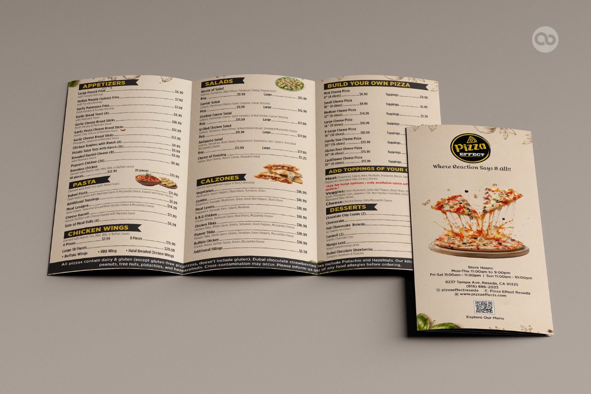 pizza restaurant Z-fold takeaway menu design, z fold menu design, restaurant takeaway menu, pizza menu design, folded restaurant menu, food menu design, takeaway menu printing